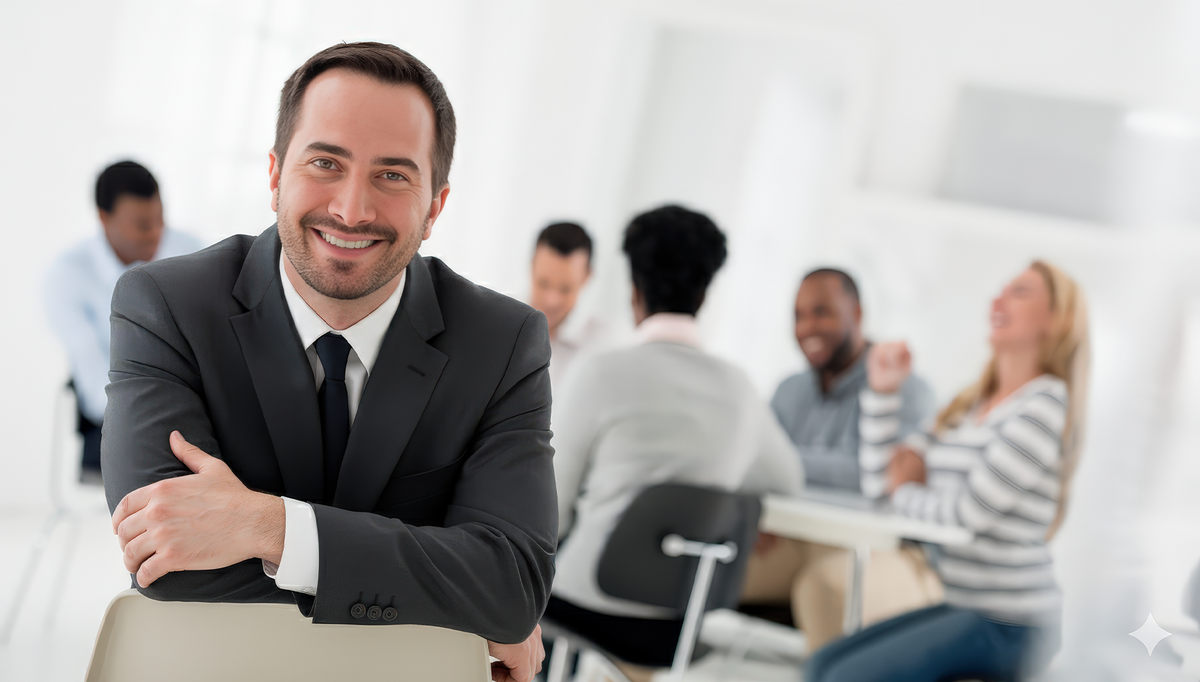 Ejecutivo de seguros sonriente en traje gris con equipo de trabajo en oficina moderna.
